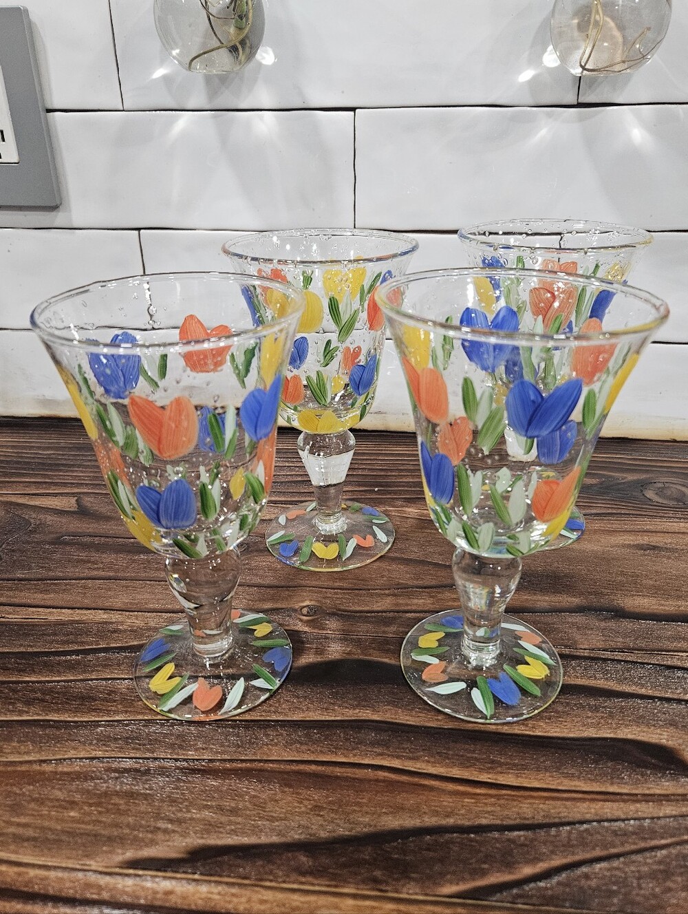 Hand Blown & Hand Painted Set Of 12 Oz Bubble Gobblet Drinking Glasses Floral